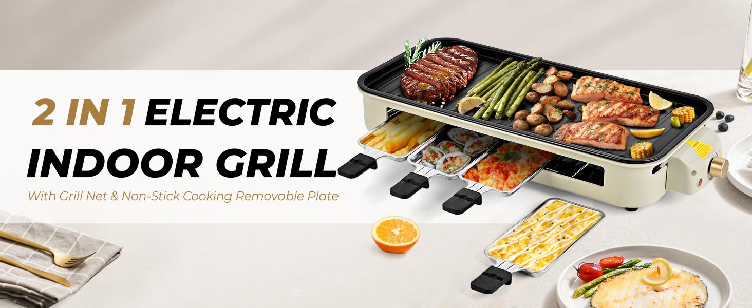 Pukomc Electric Indoor Grill,2 in 1 Indoor Grills for Kitchen with Grill Net & Non-Stick Cooking Removable Plate, Temperature Control, Dishwasher Safe, 1800W Smokeless barbecue Universal Griddle