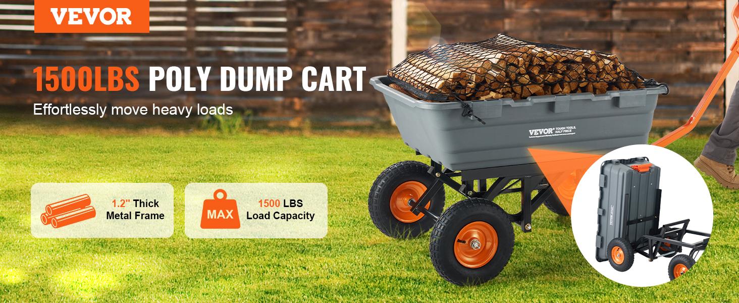 VEVOR Poly Garden Dump Cart with Easy to Assemble Steel Frame, TikTokShopBlackFriday, 2-in-1 Convertible Handle, 13 Inch Tires, Max Capacity 1500 lbs, Utility Wheelbarrow Productivity Yard VEVOR Poly Garden Dump Cart with Easy to Assemble Steel Frame, TikTokShopBlackFriday, 2-in-1 Convertible Handle, 13 Inch Tires, Max Capacity 1500 lbs, Utility Wheelbarrow Productivity Yard