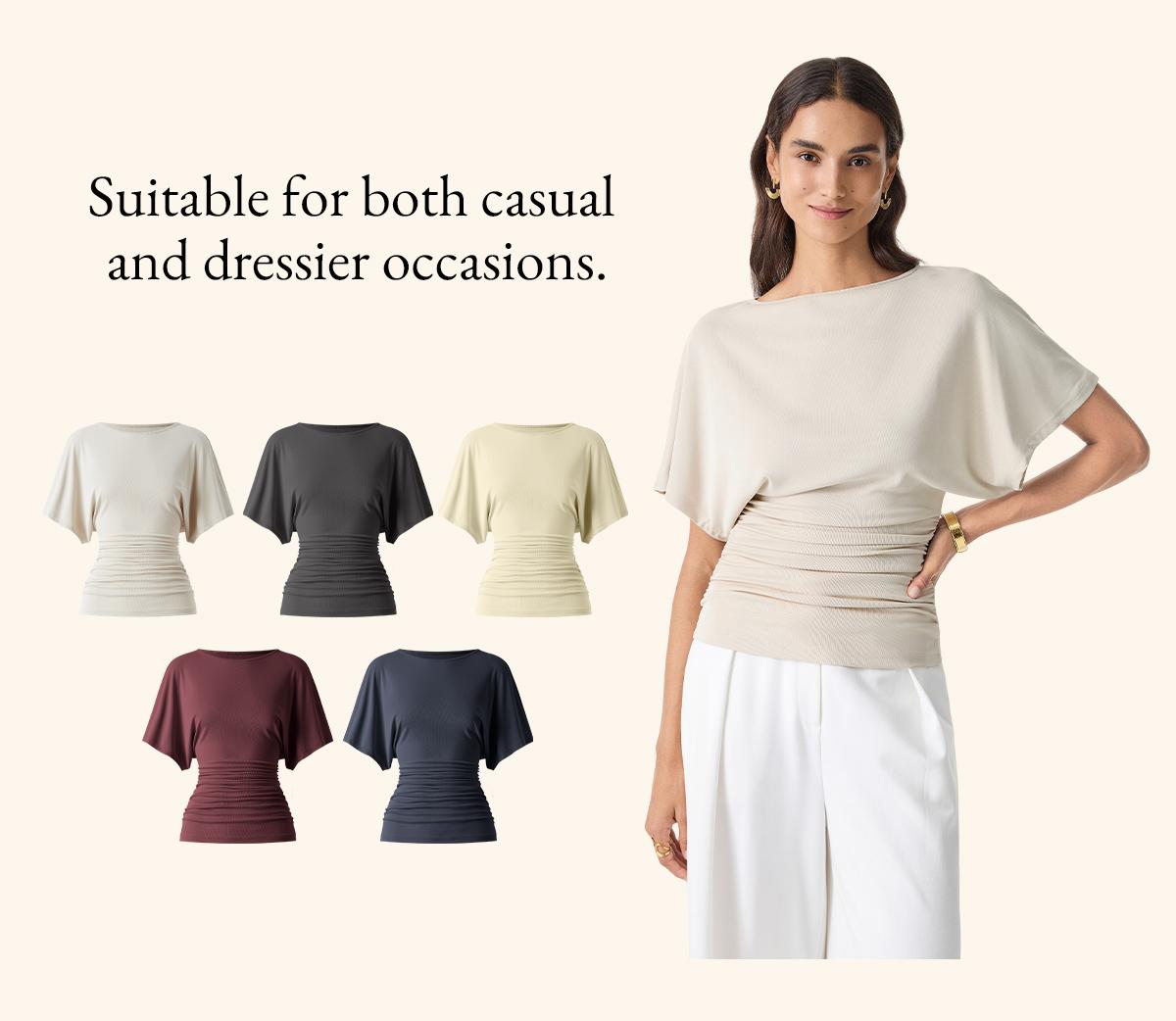 OGL Women's Boatneck Batwing Sleeve Top - Sandwashed Modal Side Ruched Flattering Shirt Quiet Luxury Wrinkle-Resistant Spring Summer summerwins DealsForYouDays