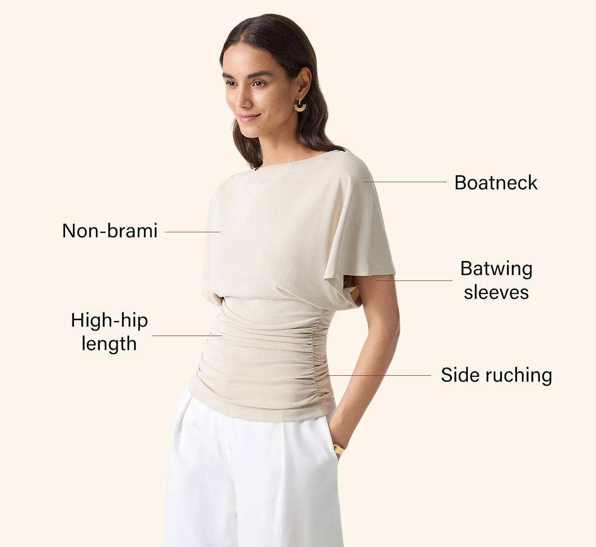 OGL Women's Boatneck Batwing Sleeve Top - Sandwashed Modal Side Ruched Flattering Shirt Quiet Luxury Wrinkle-Resistant Spring Summer summerwins DealsForYouDays
