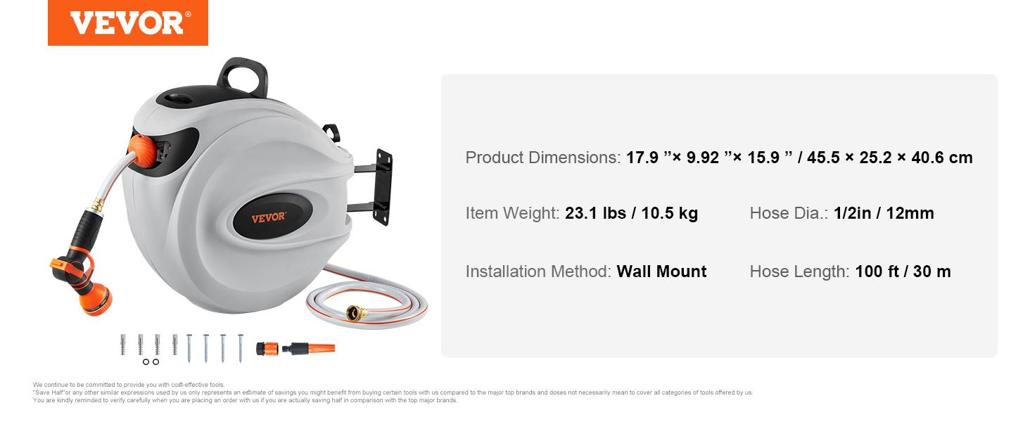 VEVOR Retractable Hose Reel, Various specifications, 100'x1/2" 180° Swivel with 9-Pattern Nozzle, Automatic Rewind, Lock at Any Length, Slow Return System VEVOR Retractable Hose Reel, Various specifications, 100'x1/2" 180° Swivel with 9-Pattern Nozzle, Automatic Rewind, Lock at Any Length, Slow Return System