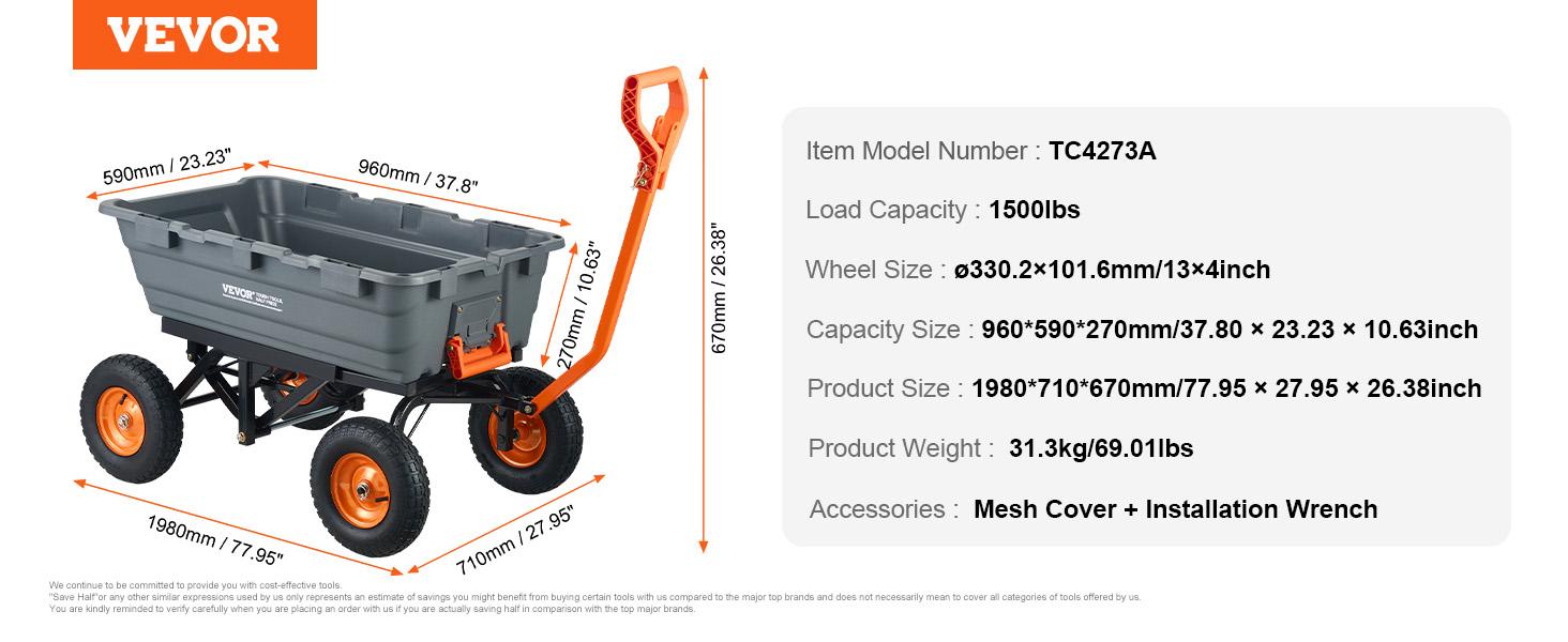 VEVOR Poly Garden Dump Cart with Easy to Assemble Steel Frame, TikTokShopBlackFriday, 2-in-1 Convertible Handle, 13 Inch Tires, Max Capacity 1500 lbs, Utility Wheelbarrow Productivity Yard VEVOR Poly Garden Dump Cart with Easy to Assemble Steel Frame, TikTokShopBlackFriday, 2-in-1 Convertible Handle, 13 Inch Tires, Max Capacity 1500 lbs, Utility Wheelbarrow Productivity Yard