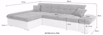 DOMO collection corner sofa Moric W/D/H 300/172/80 cm, also in corduroy, L-shape, XXL format, optionally with bed function and arm adjustment