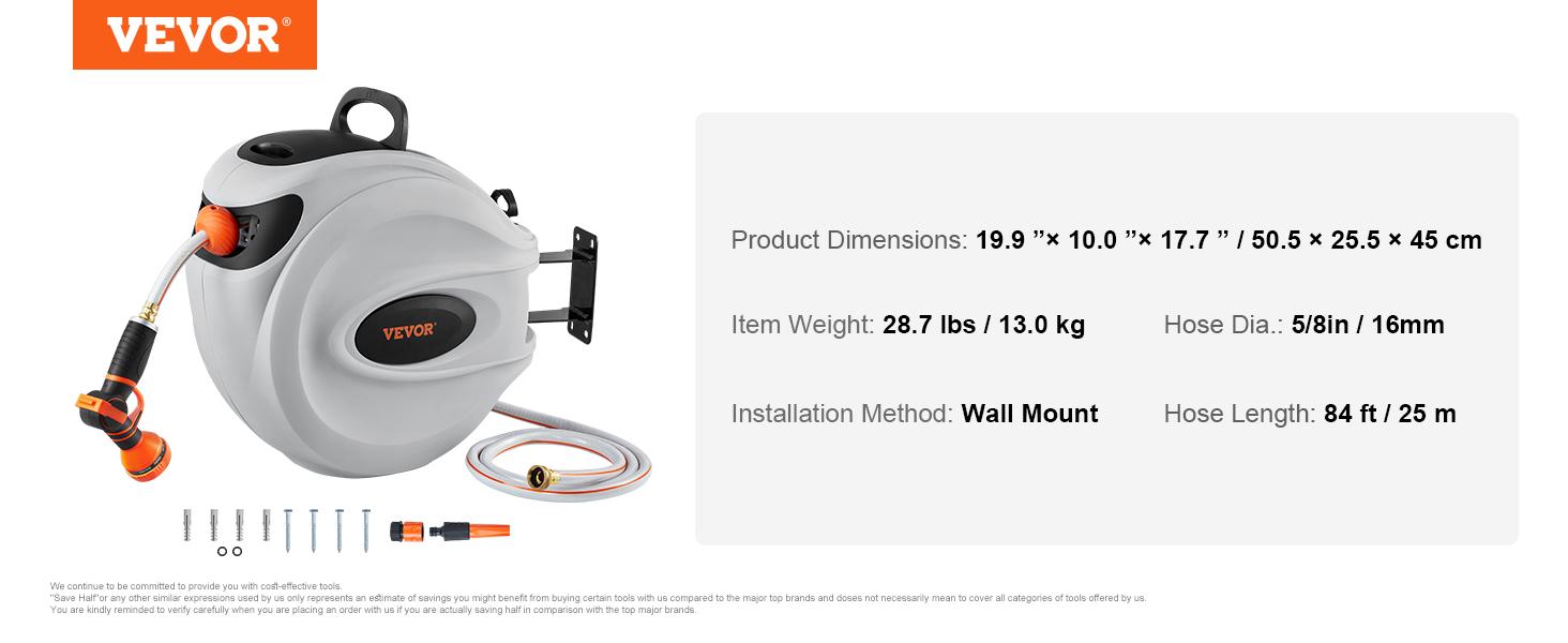 VEVOR Retractable Hose Reel, Various specifications, 100'x1/2" 180° Swivel with 9-Pattern Nozzle, Automatic Rewind, Lock at Any Length, Slow Return System VEVOR Retractable Hose Reel, Various specifications, 100'x1/2" 180° Swivel with 9-Pattern Nozzle, Automatic Rewind, Lock at Any Length, Slow Return System